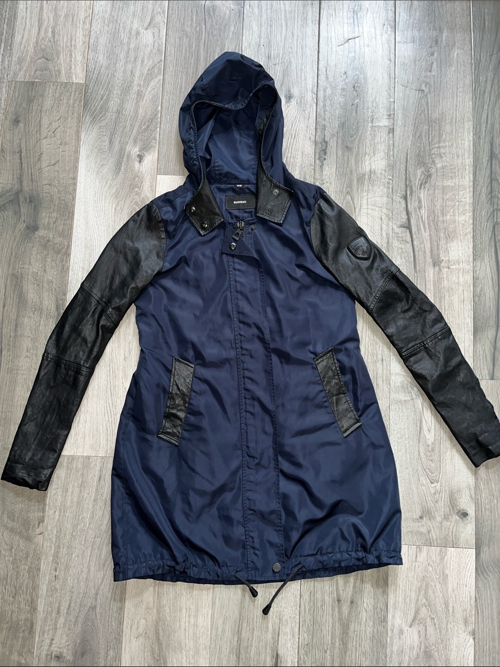 RUDSAK Navy Trench Coat with Black Leather Sleeves